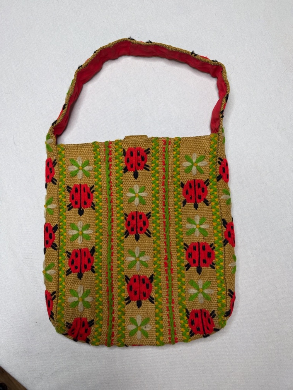 Handwoven Ladybug Pattern Shoulder Bag - Red/Green - Picture 2 of 5
